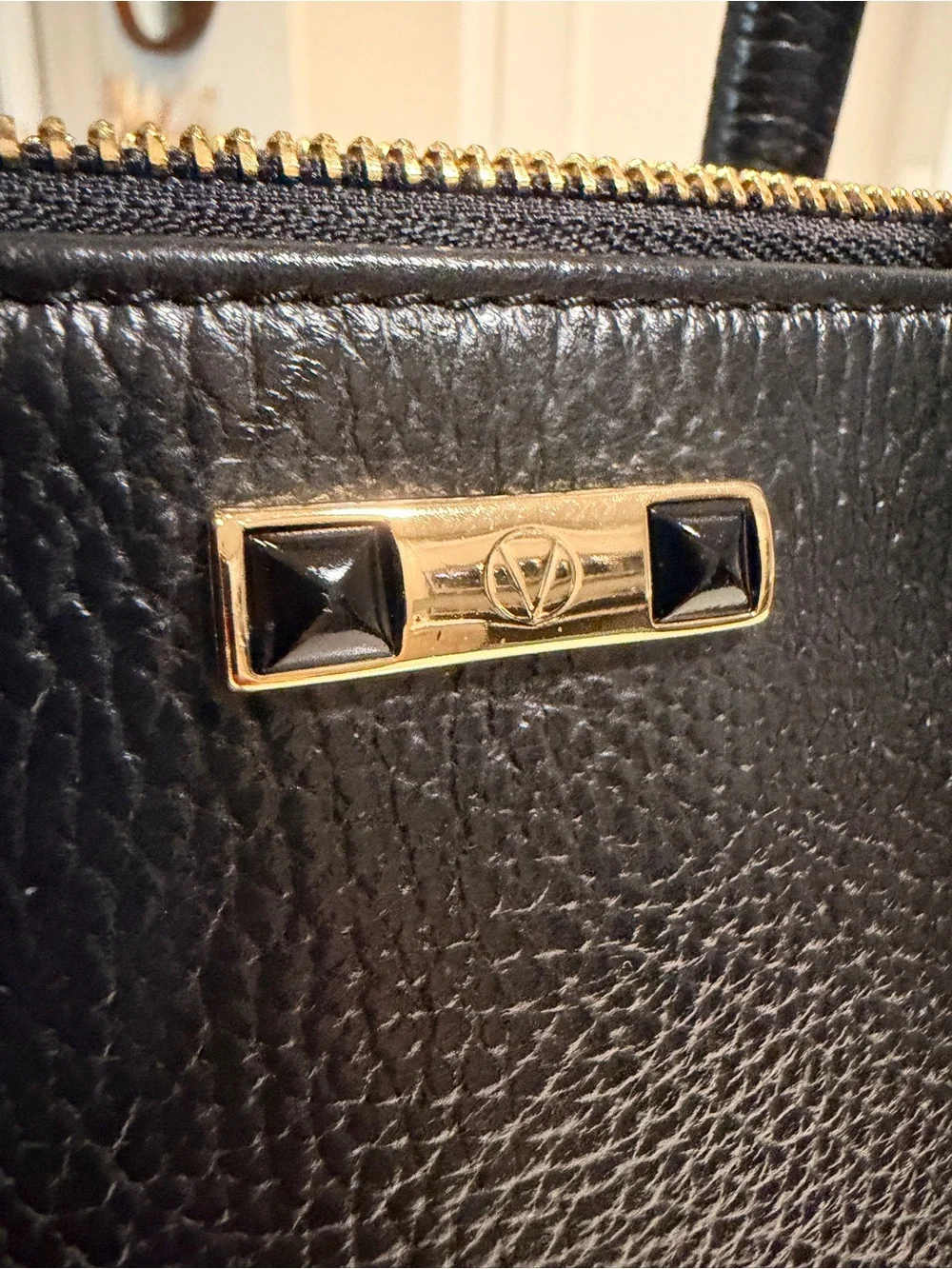 Mario Valentino Black Leather Studded V Logo Satchel Made in Italy